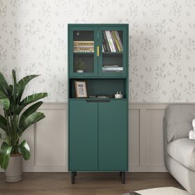 Tall Storage Show Cabinet with 2 Glass Display Door & 2 Doors, Tall Kitchen Pantry Cabinet with Gold Handles, Modern Cabinet Freestanding for Bathroom