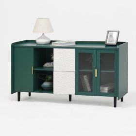 Modern Kitchen Pantry Storage Cabinet , 55" Coffee Bar Storage Cabinet with 2 Drawers, 2 Open Storage Compartment & 2 Glass Doors