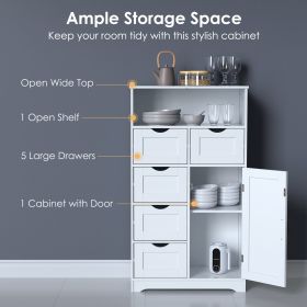 Modern White Wooden Storage Cabinet with Five Drawers and One Doors,Free-standing Cupboard for Kitchen/Living room/Bathroom Use, White