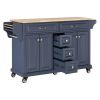 Kitchen Island with Rubber wood Countertop, Kitchen Cart on 5 Wheels with Storage Cabinet and 5 Drawers for Dinning Room, Blue