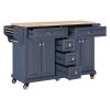 Kitchen Island with Rubber wood Countertop, Kitchen Cart on 5 Wheels with Storage Cabinet and 5 Drawers for Dinning Room, Blue